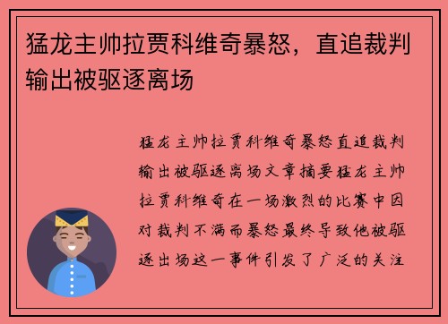 猛龙主帅拉贾科维奇暴怒，直追裁判输出被驱逐离场 